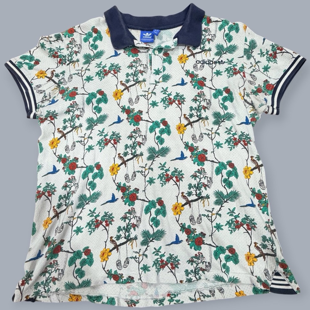 Vintage Adidas Originals Floral Botanical Polo Shirt Trefoil Men's Large